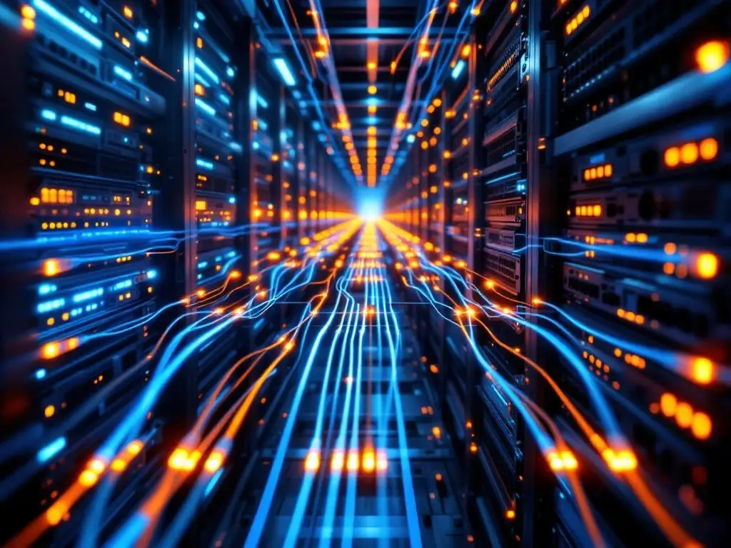 Luchtfoto van datacenterinfrastructuur met blauwe en oranje glasvezelkabels, serverracks en verlichte netwerkapparatuur.