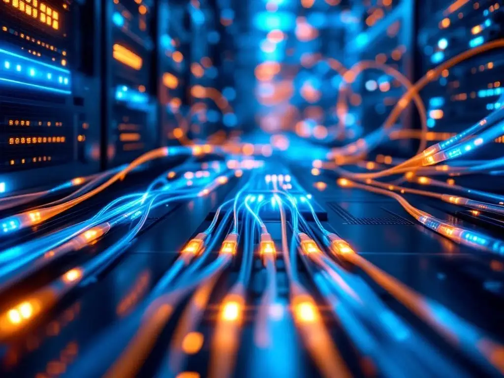 Bovenaanzicht van modern datacenter met blauwe en oranje glasvezelkabels tussen serverracks met sfeerverlichting