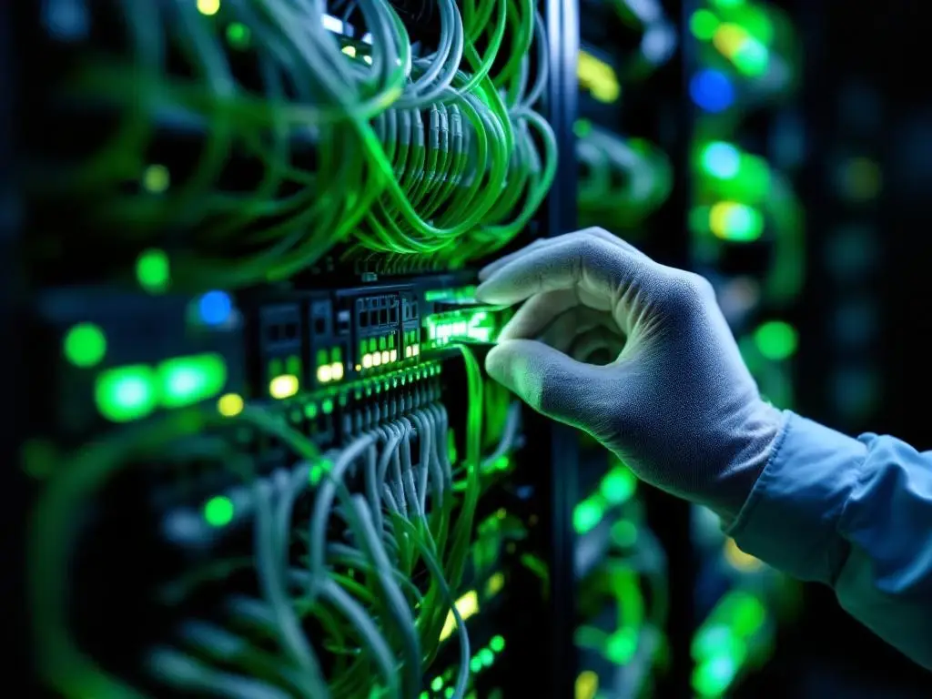 Technicus installeert groene glasvezelkabels in serverrack van datacenter, bovenaanzicht met dramatische verlichting