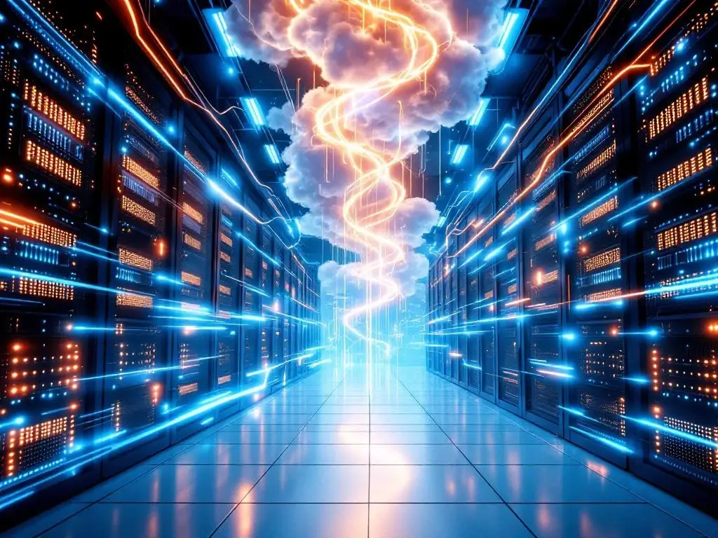 Luchtfoto van modern datacenter met verlichte glasvezelkabels en serverracks verbonden met digitale cloudformaties