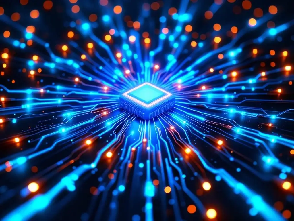 Digitaal netwerk met glasvezelkabels die convergeren naar verlichte serverhub in stervormig patroon