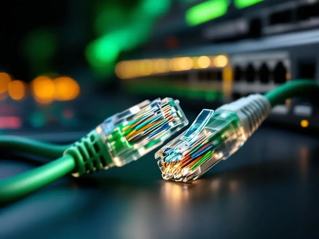 Cat6 en Cat6a ethernet kabels in groen en wit op zwarte ondergrond met netwerkschakelaars op de achtergrond