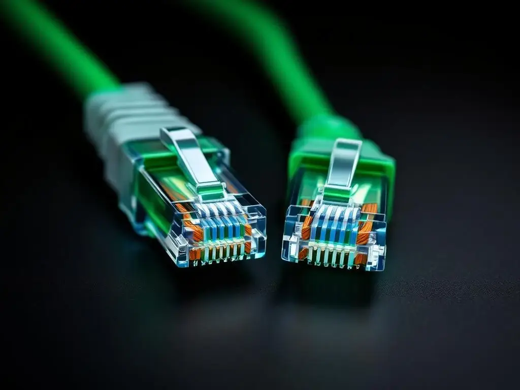 Twee ethernet kabels Cat6 en Cat7 met groene mantels en witte connectoren op zwarte ondergrond, professioneel verlicht