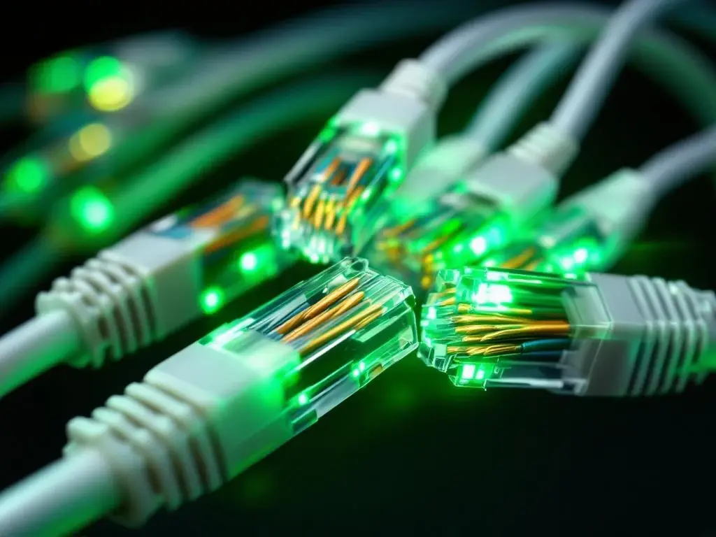 Witte CAT6 ethernet kabels met blootliggende koperen draden en groene LED-lampjes tegen zwarte achtergrond