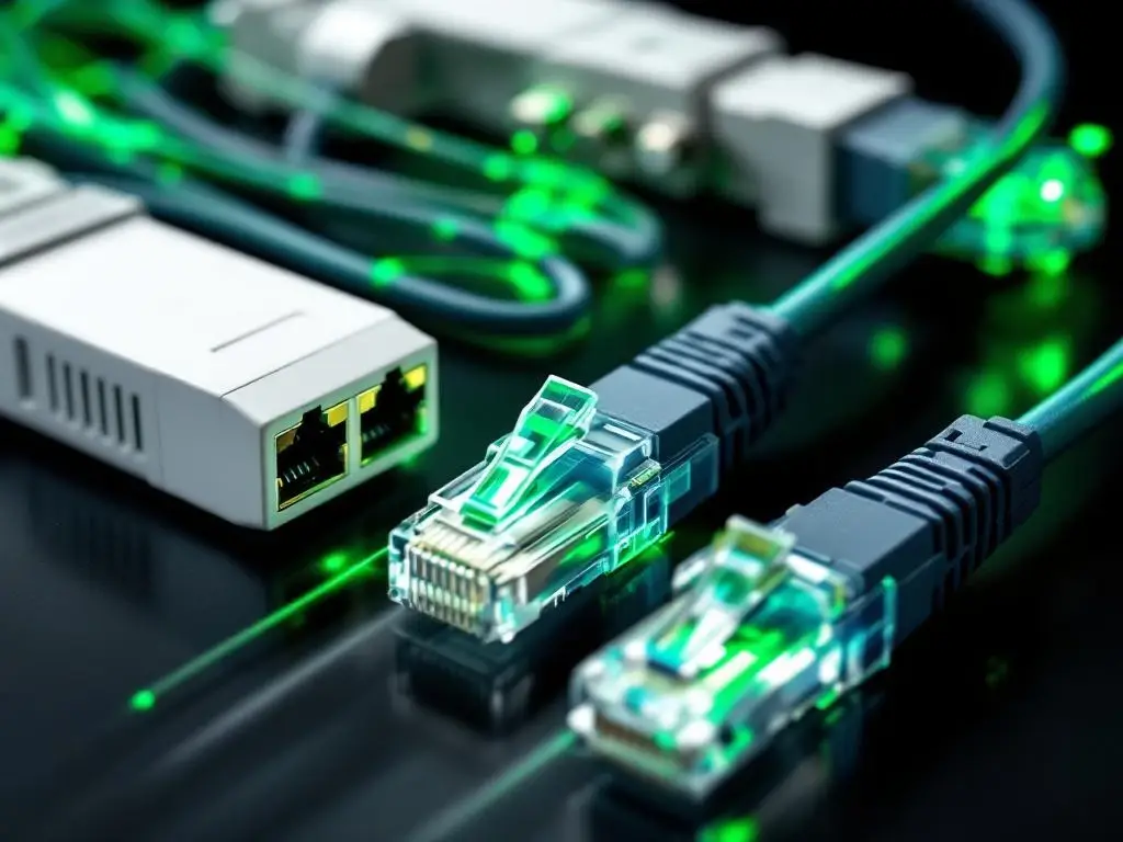 Professionele ethernet kabels CAT6/CAT7 met groene connectoren en glasvezel op zwarte ondergrond met dramatische belichting