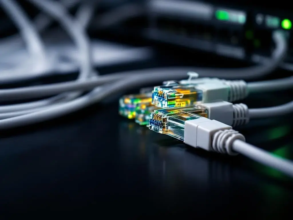 Witte ethernet kabels en netwerkconnectoren op zwarte ondergrond met NEN standaard documentatie op de achtergrond