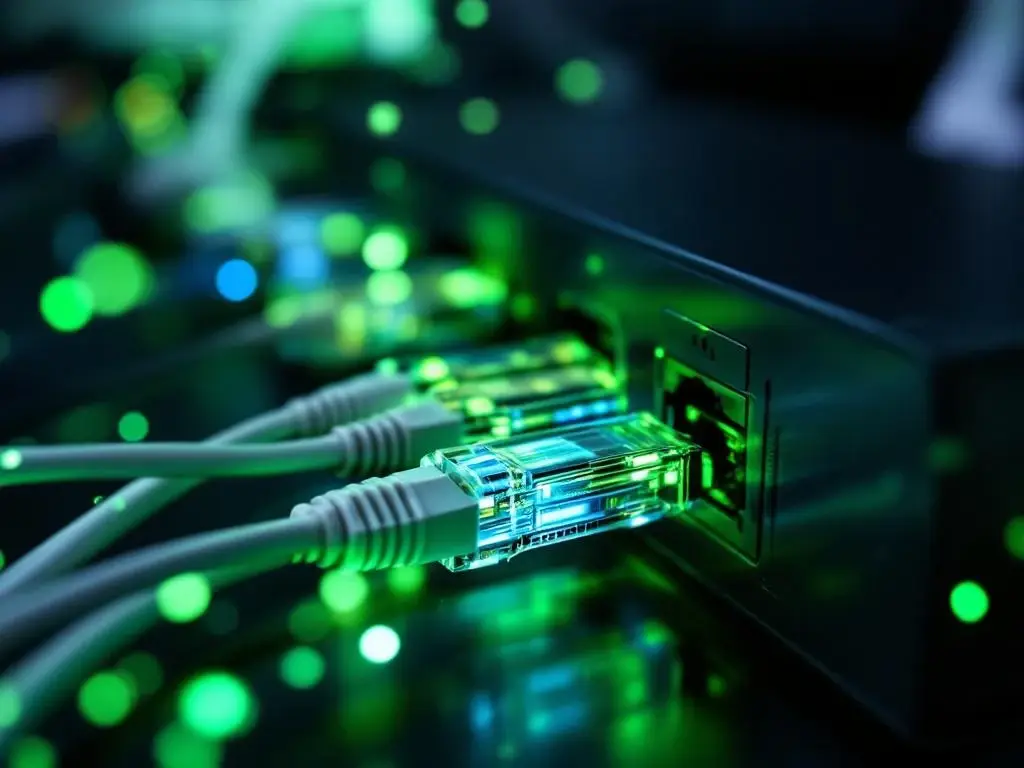 Moderne kantoorwerkplek met witte ethernet kabels en groene LED-indicatoren op zwart bureau oppervlak