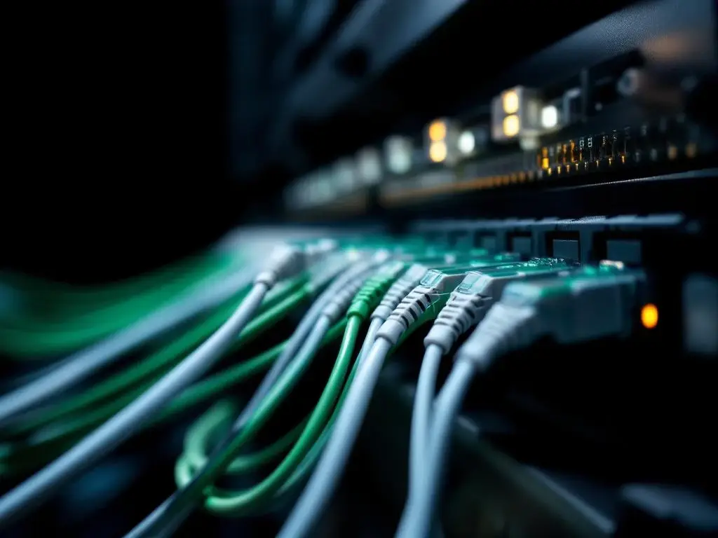 Georganiseerde groene en witte ethernet kabels in professionele patchpanelen voor datacenter infrastructuur