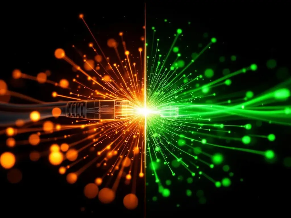 Ethernet en glasvezelkabels vergeleken: koper met oranje licht links, glasvezel met groene lichtstralen rechts