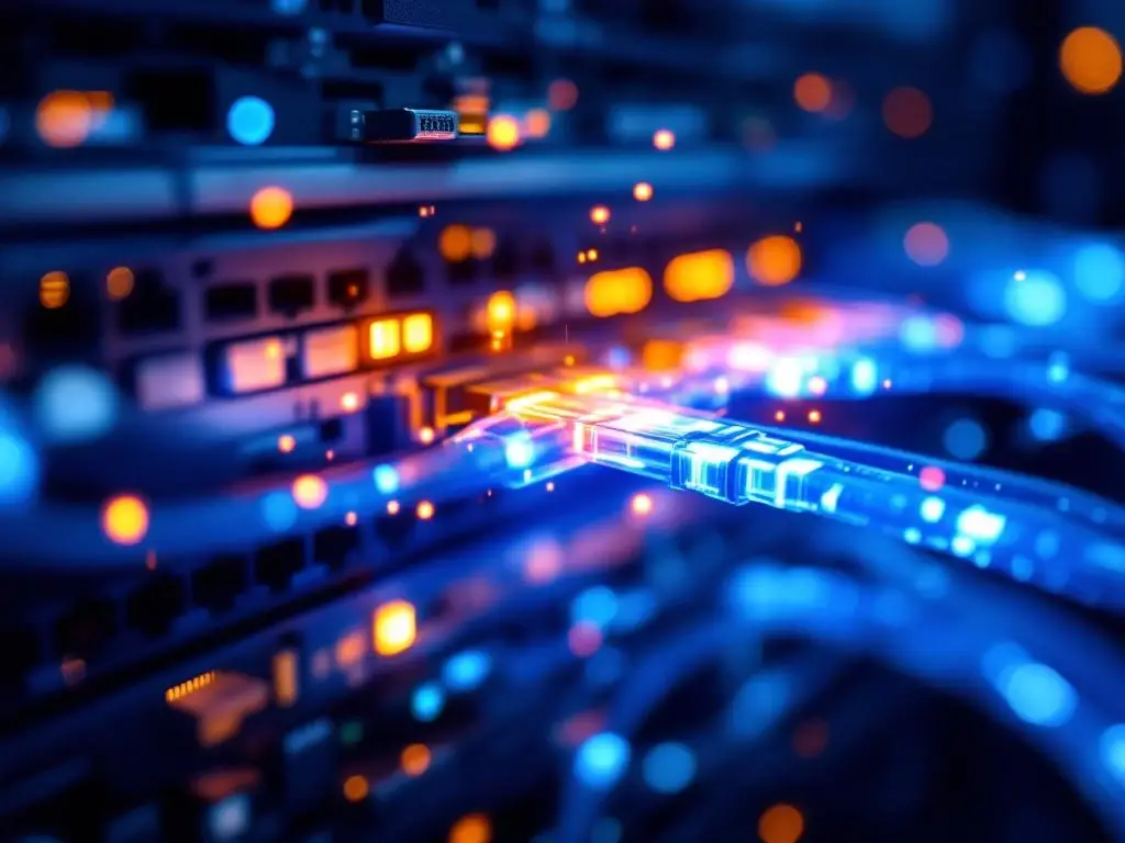 Verlichte glasvezelkabels en netwerkinfrastructuur met blauwe en oranje datastromen in een datacenter