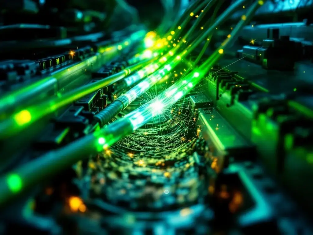 Glasvezelkabels met groene lichtpulsen worden snel geïnstalleerd door ondergrondse leidingen met professionele gereedschappen