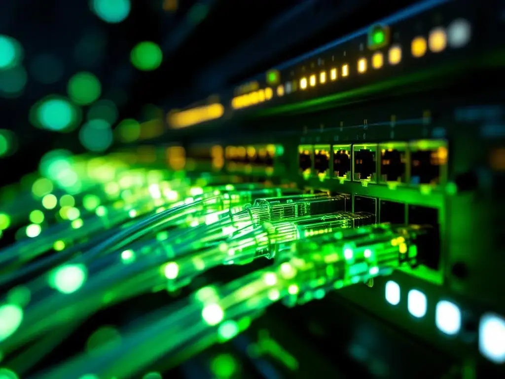 Verlichte glasvezelkabels en ethernet-verbindingen met groene lichtpulsen en witte LED-indicatoren op zwarte achtergrond