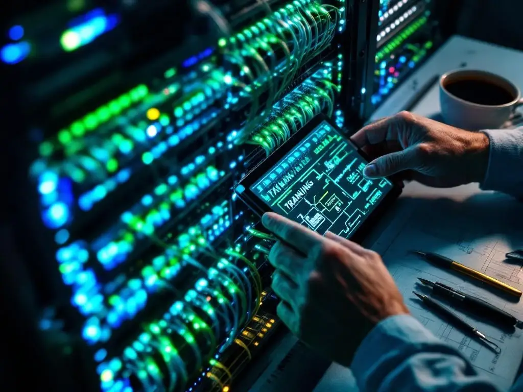 Handen werken aan verlicht glasvezelnetwerk met blauwe en groene datakabels in professioneel datacenter