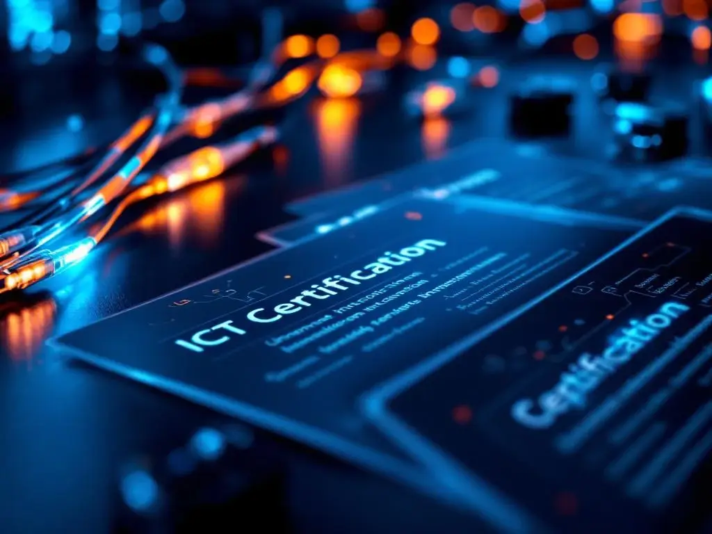 ICT-certificeringsbadges en diploma's met glasvezelkabels op donkere ondergrond in blauw en oranje licht