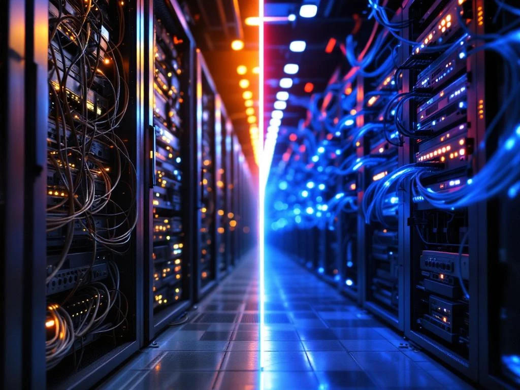 Verouderde serverracks met koperen kabels transformeren naar moderne glasvezelinfrastructuur met LED-verlichting