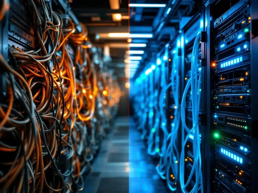 Vergelijking oude koperen kabels en stoffige servers versus moderne glasvezelkabels en georganiseerde netwerkinfrastructuur