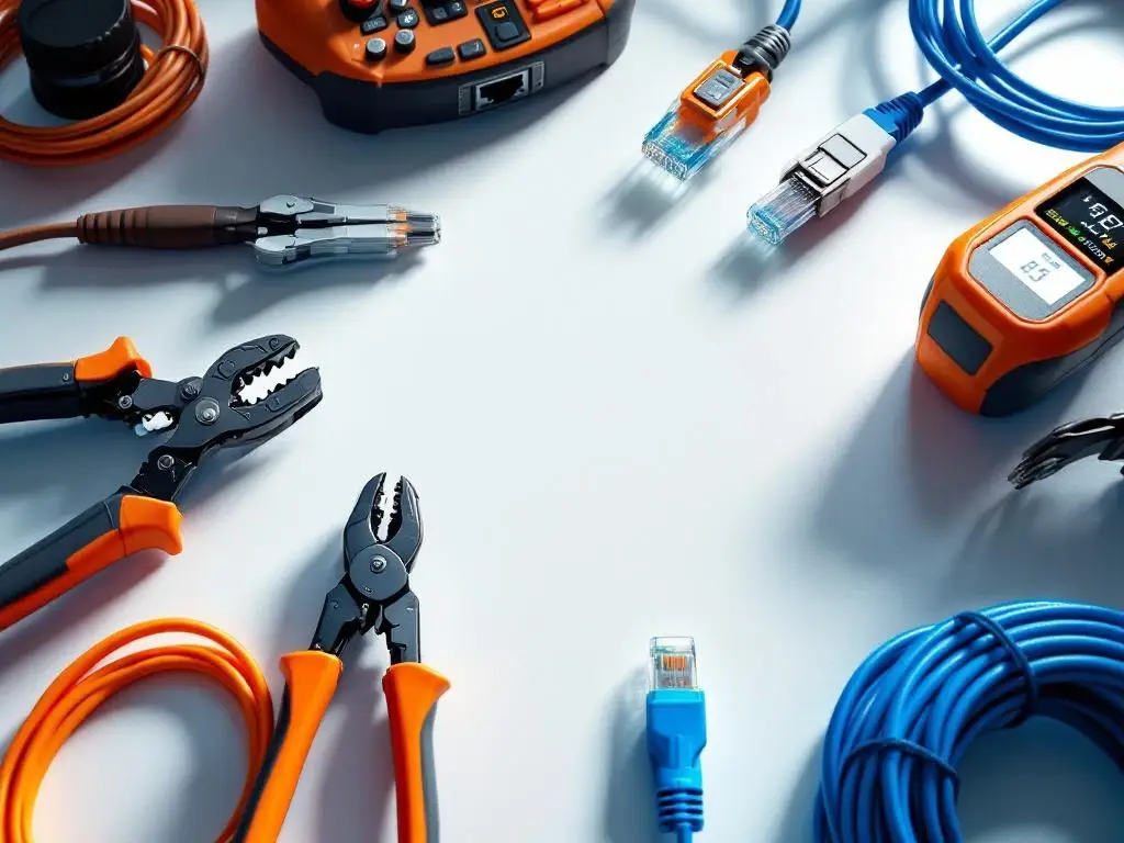 Professionele ICT-installatietools met krimptang, glasvezelssplicer en netwerkkabels op witte ondergrond