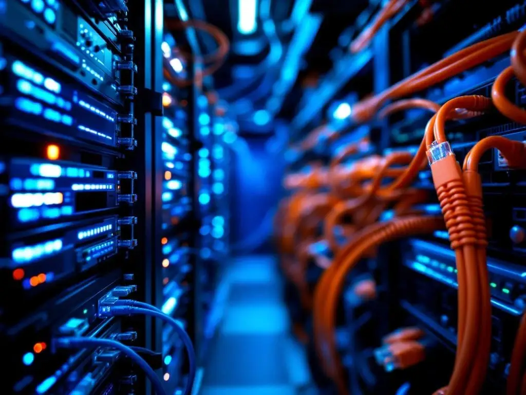 Gesplitst beeld van serverruimte met verlichte apparatuur en gestructureerde netwerkkabels in datacenteromgeving