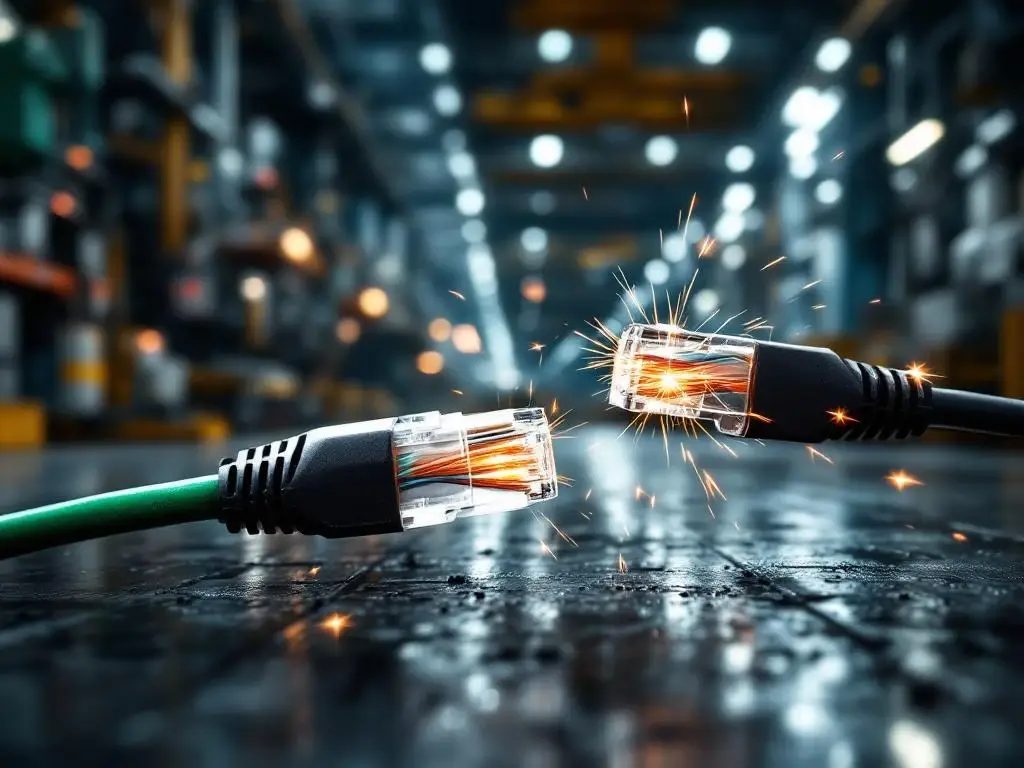 Beschadigde UTP ethernet kabels met koperen bedrading op industriële fabrieksbodem met vonken door slijtage