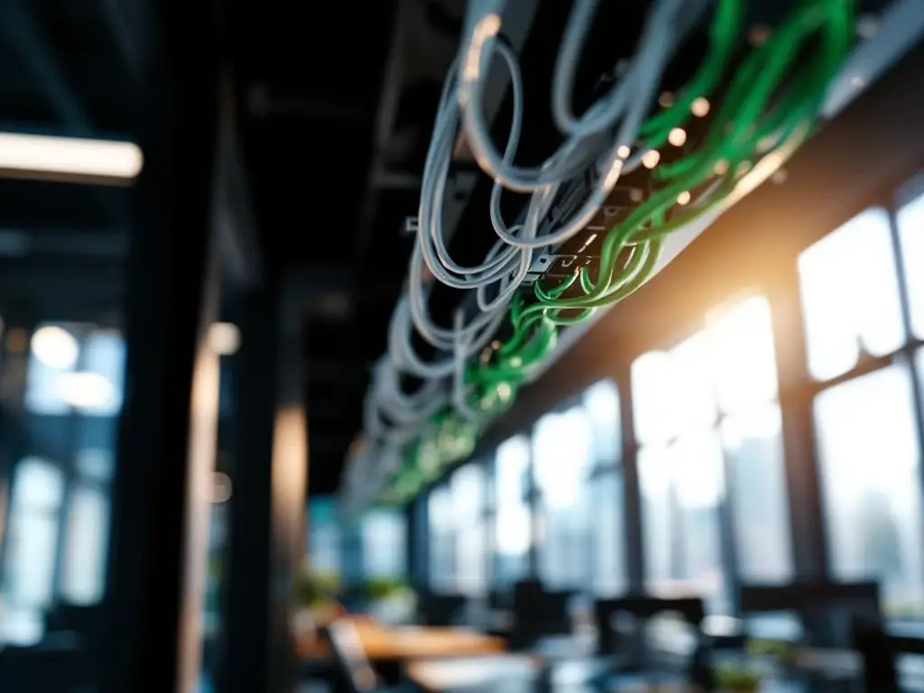 Witte en groene datacabels professioneel gerouteerd door modern kantoorplafond met zonlicht en kabelmanagement