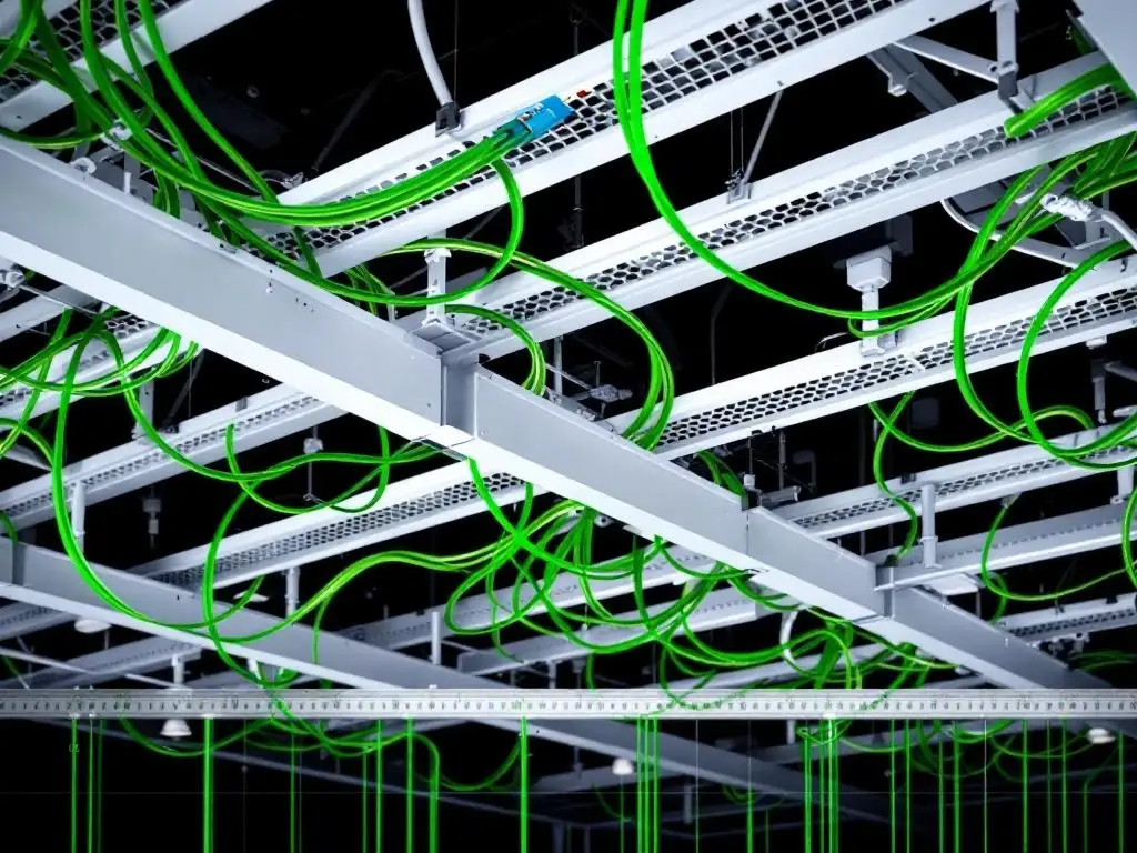 Bovenaanzicht moderne kantoorruimte met groene netwerkkabels door witte kabelgoten op zwart plafond, ethernet-aansluitingen zichtbaar