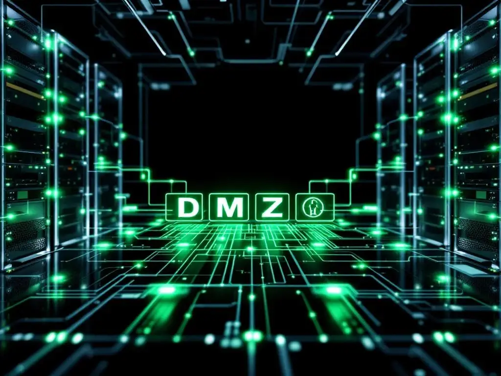 Netwerkbeveiliging visualisatie met groene DMZ-zone tussen netwerksegmenten, firewalls en datastromen door glasvezelkabels