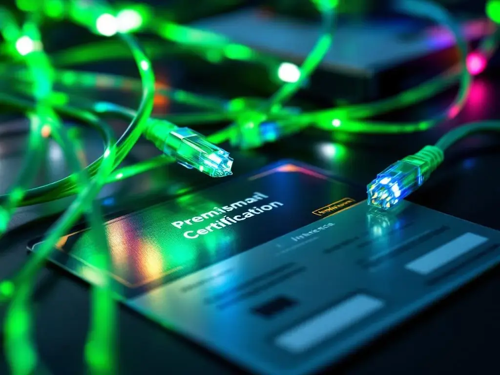 Professionele netwerkcertificaten en badges op zwarte ondergrond met groene LED-verlichting van glasvezelkabels