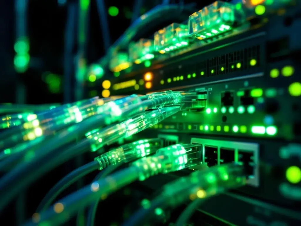 Glasvezelkabels en ethernetverbindingen met groene LED-verlichting in moderne serverruimte met netwerkschakelaars