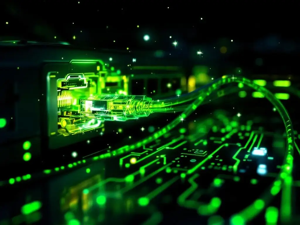 Glasvezelkabels en ethernetverbindingen met groene datastromen en verlichte LED-indicatoren op netwerkinfrastructuur