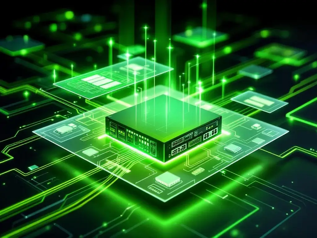 3D netwerkinfrastructuur diagram met verlichte serverracks, switches en glasvezelkabels in groen en wit tegen zwarte achtergrond