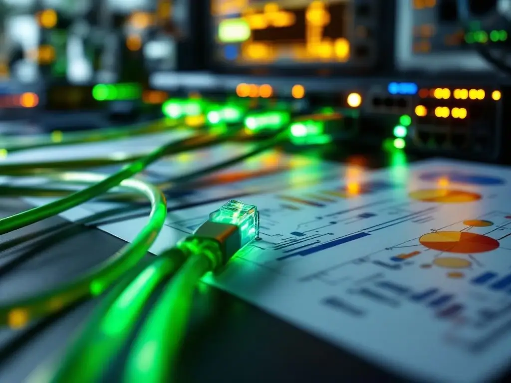 Groene ethernet kabels verbonden met netwerkapparatuur en technische documentatie op moderne werkplek