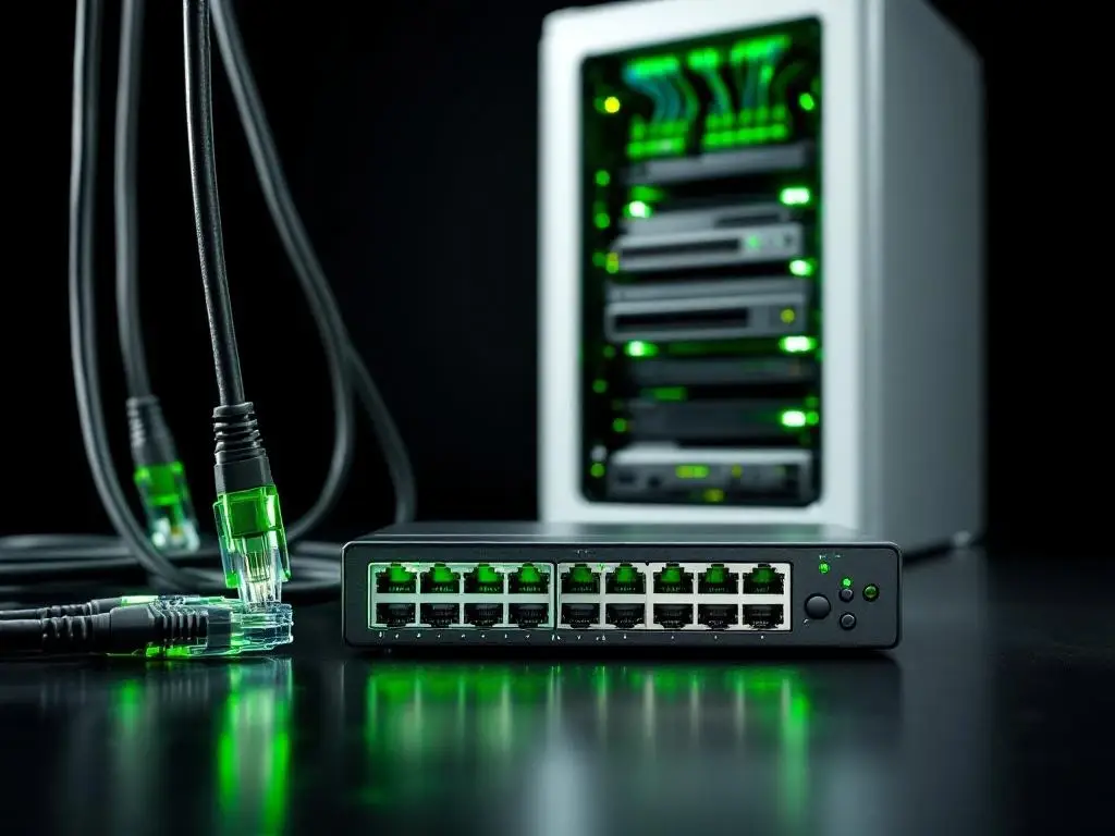 Netwerk infrastructuur met ethernet kabels, switch met groene LED's en serverrek op zwarte ondergrond
