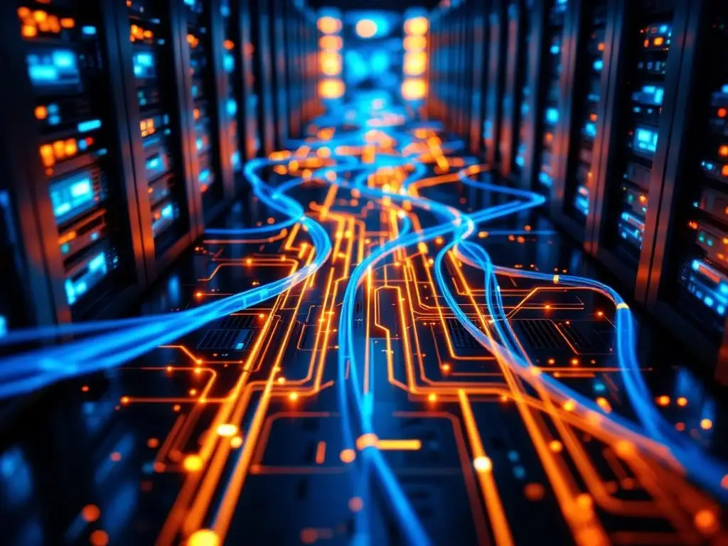 Bovenaanzicht van moderne ICT-infrastructuur met verlichte glasvezelkabels die samenkomen bij centrale netwerkswitch