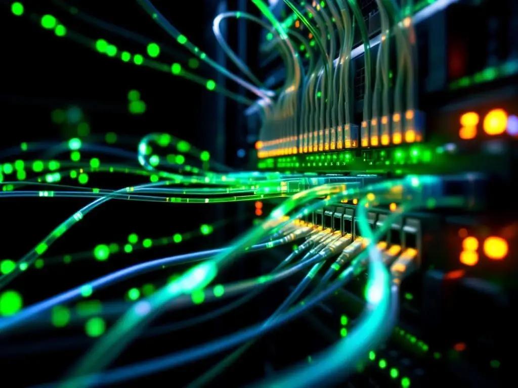 Netwerkswitch met gloeiende groene LED-indicatoren verbonden via fiber optic kabels met lichtpulsen tegen zwarte achtergrond
