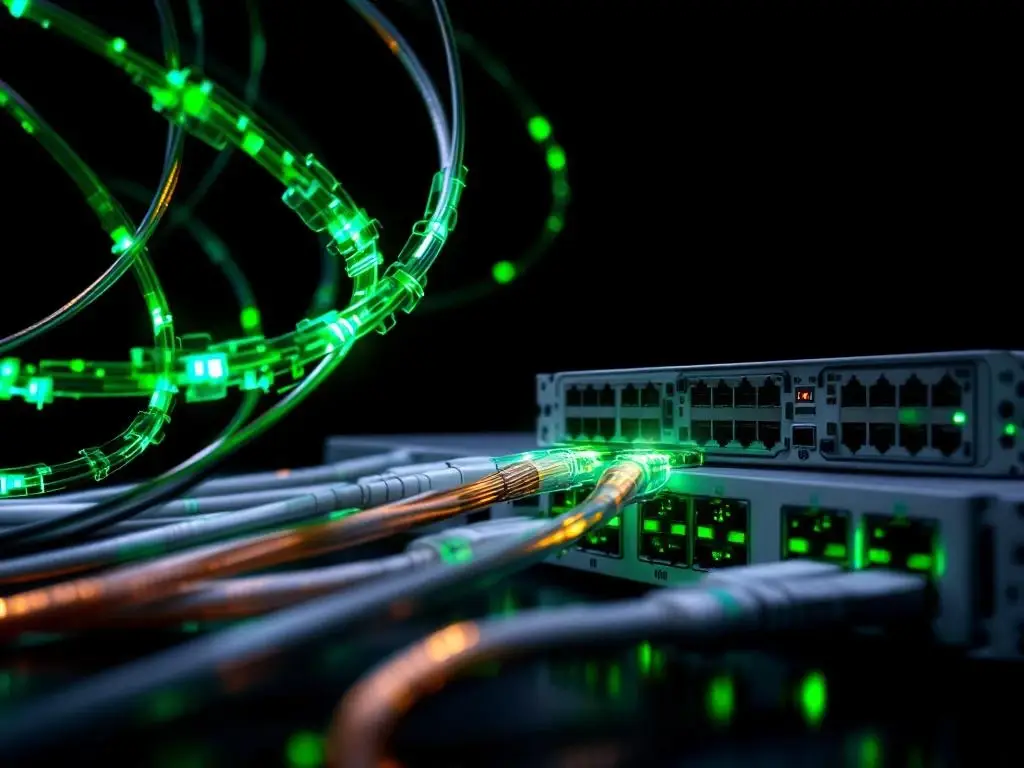 Moderne netwerkinfrastructuur met glasvezelkabels, serverracks en switches met groene LED-verlichting op zwarte achtergrond