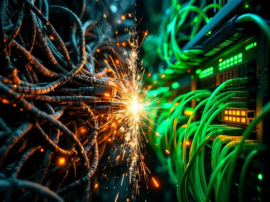 Verouderde netwerkapparatuur met beschadigde kabels tegenover moderne glasvezelinfrastructuur met groene datastromen