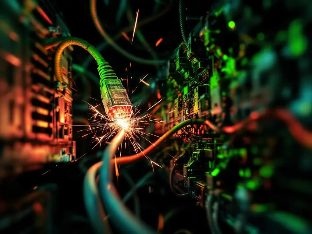 Beschadigde netwerkinfrastructuur met gerafelde ethernetkabels, gecorrodeerde serververbindingen en vonkende elektrische onderdelen