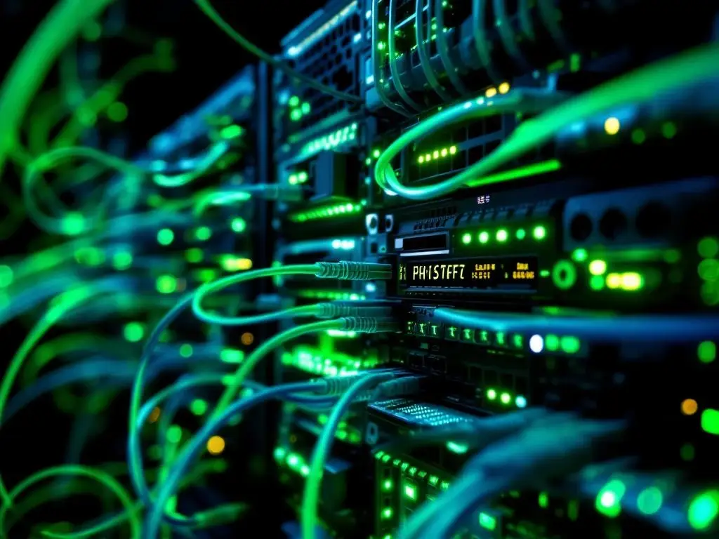 Moderne serverracks met glasvezelkabels en groene LED-indicatoren in professionele datacenteromgeving