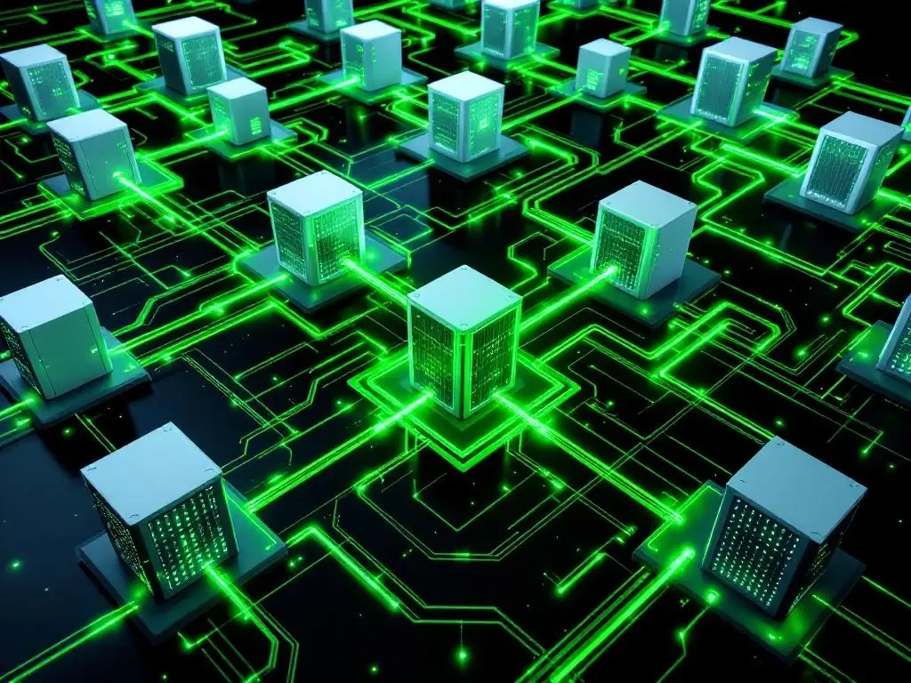 Luchtfoto van netwerk datacenter met witte servertorens verbonden door groene glasvezelkabels in geometrische patronen