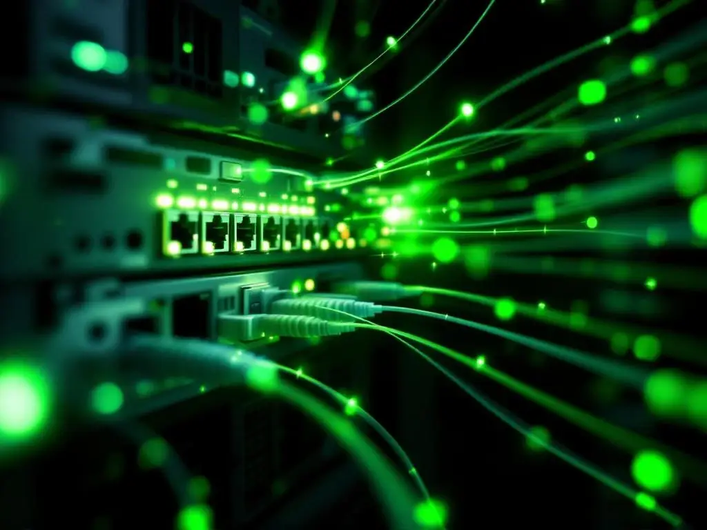 Geavanceerde netwerkinfrastructuur met groene LED-indicatoren, glasvezelkabels en serverracks in professionele datacenteromgeving