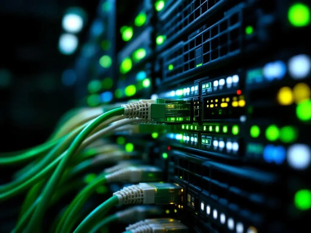 Moderne netwerk serverracks met groene LED-indicatoren en ethernet kabels in professionele datacenter omgeving