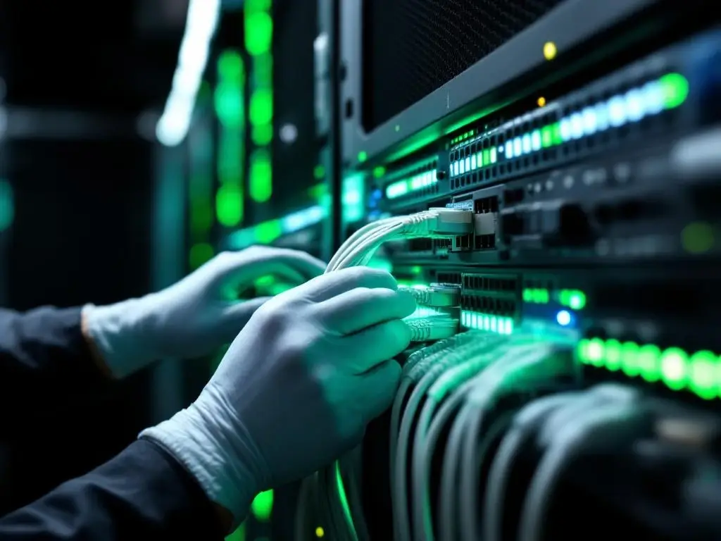 Technicus installeert glasvezelkabels in moderne serverruimte met groene LED-statuslichten en netwerkpanelen