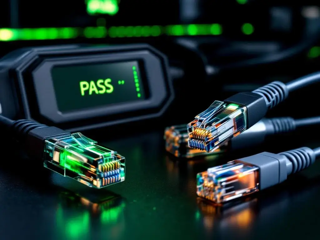 Professionele netwerkkabel certificatie-apparatuur met digitale kabeltester die groene "PASS" indicatoren toont op LCD-scherm
