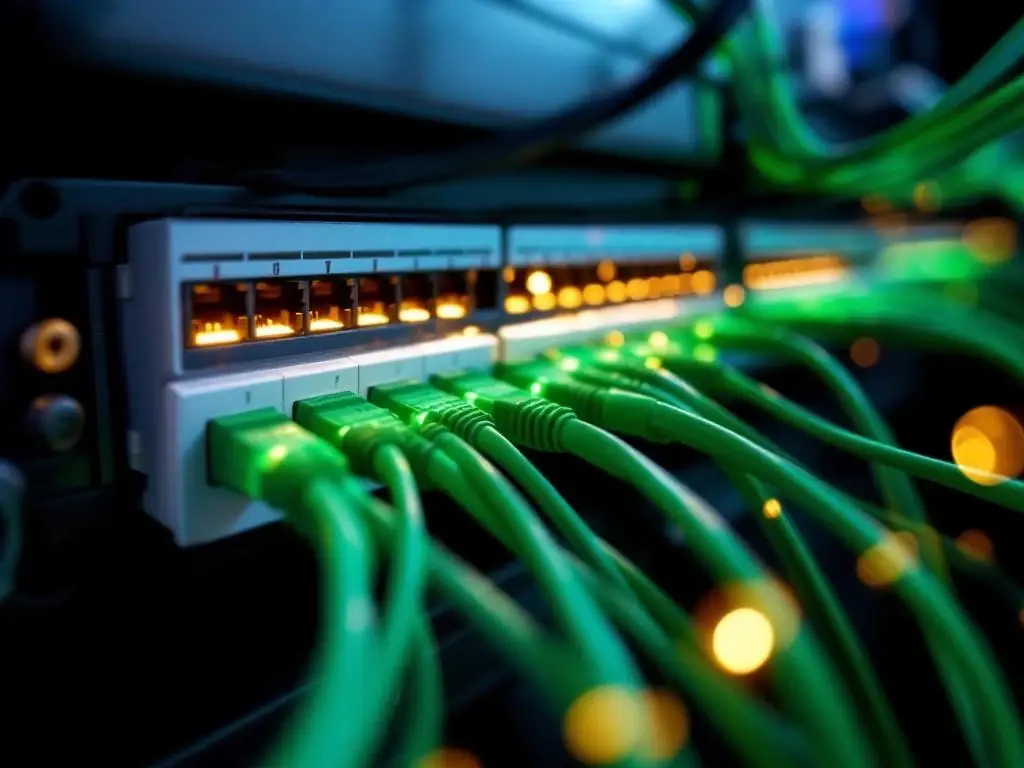 Georganiseerde groene netwerkkabels en glasvezelverbindingen in professioneel datacenter met witte kabelmanagement