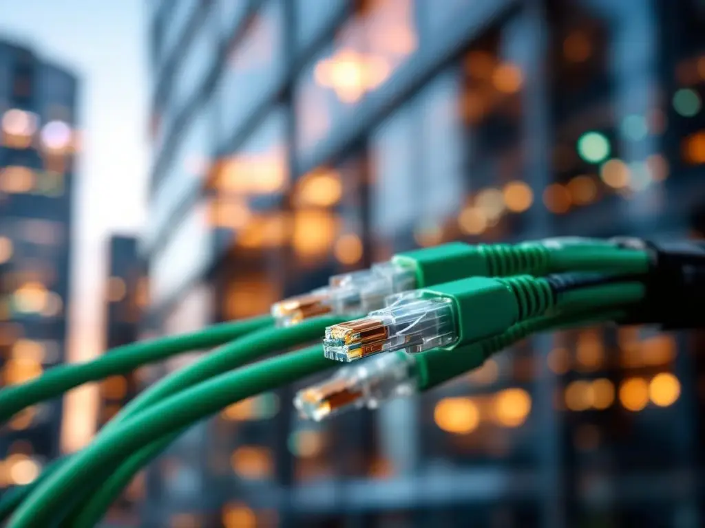 Premium netwerkkabels met koperen connectoren voor modern kantoorgebouw met glasgevel