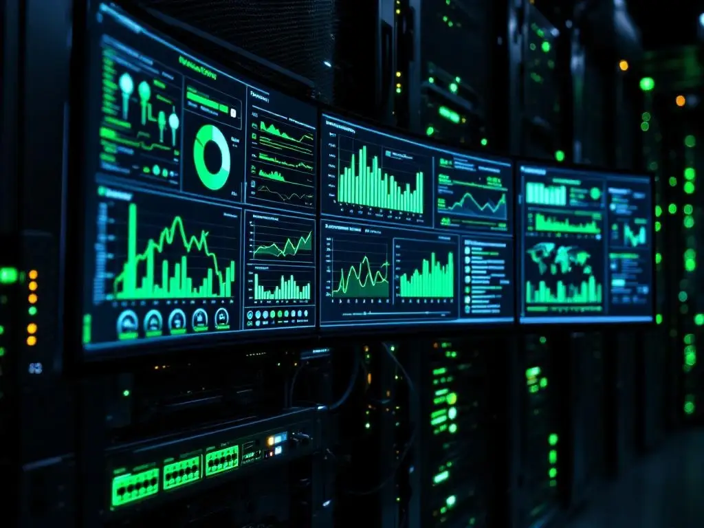 Netwerkmonitoringdashboard op gebogen monitoren in donkere serverruimte met groene datavisualisatie en verlichte apparatuur