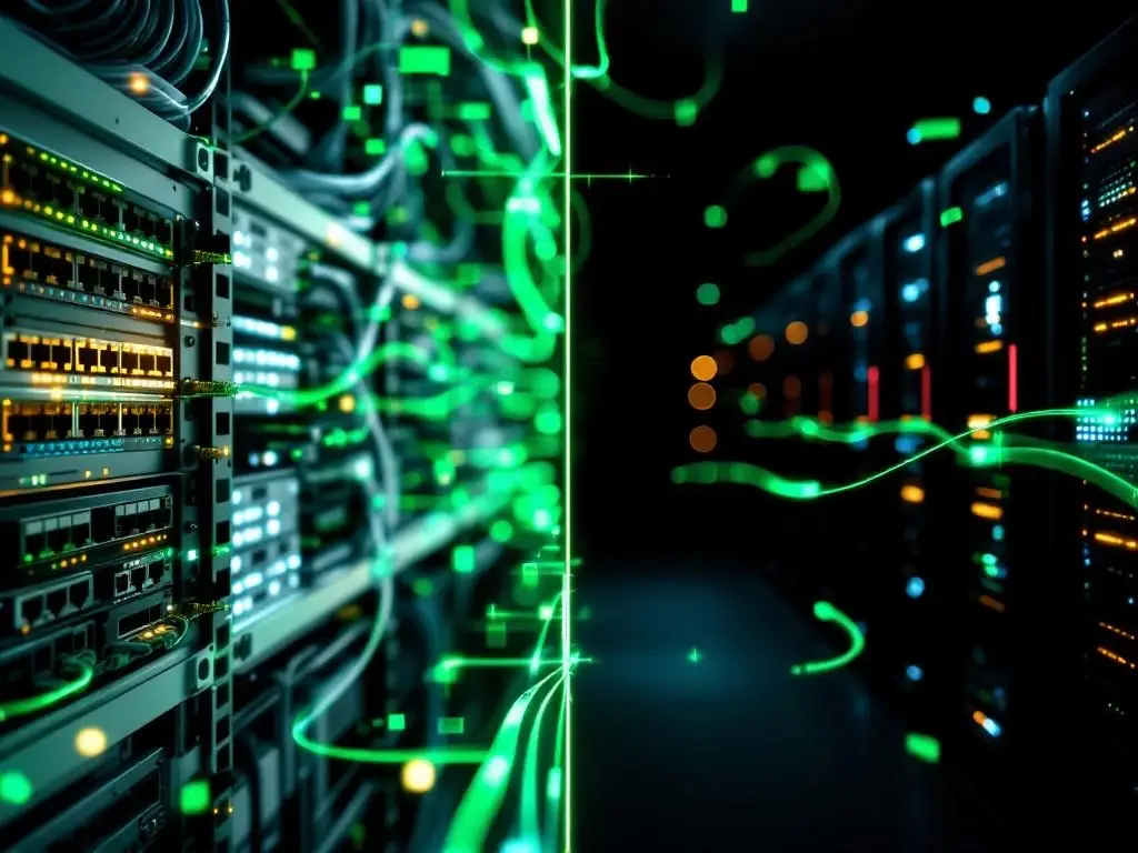 Netwerkinfrastructuur met kabels en switches verbonden met serverracks via groene datastromen in split-screen weergave