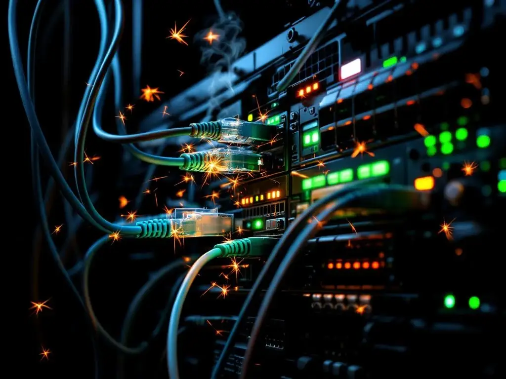 Beschadigde netwerkserver met vonkende ethernetkabels, knipperende LED-lampjes en rookpluimen tegen zwarte achtergrond