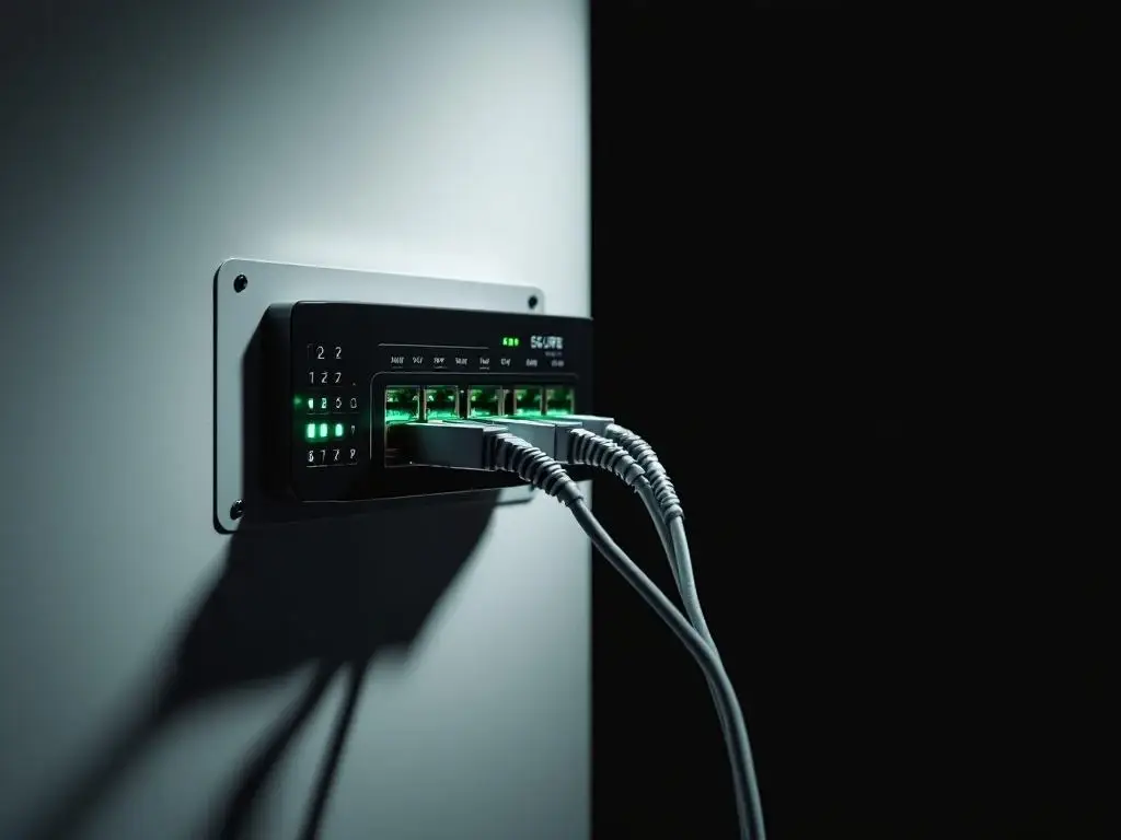 Beveiligd netwerk toegangspunt met groene LED-indicatoren en ethernet kabels op witte muur