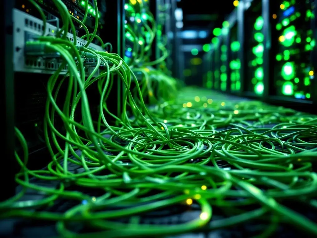 Chaotische groene netwerkkabels in serverruimte met slechte kabelmanagement versus georganiseerde infrastructuur op achtergrond
